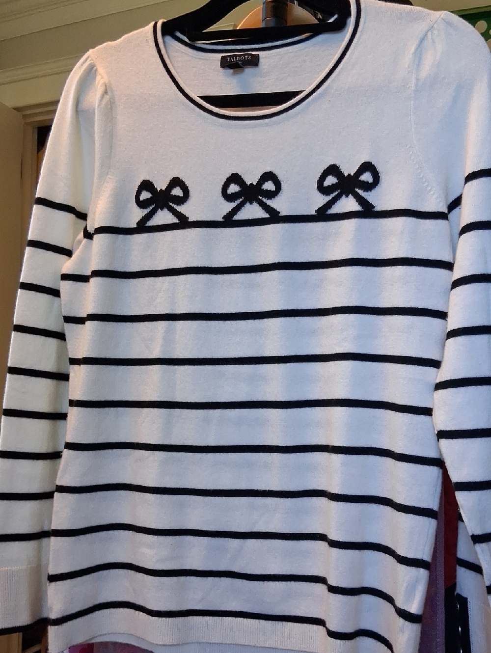 3 FOR 15!! Talbots White and Black Striped Bow-Accent Sweater Sp